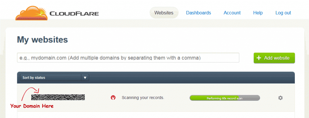 Screenshot after adding a domain in CloudFlare