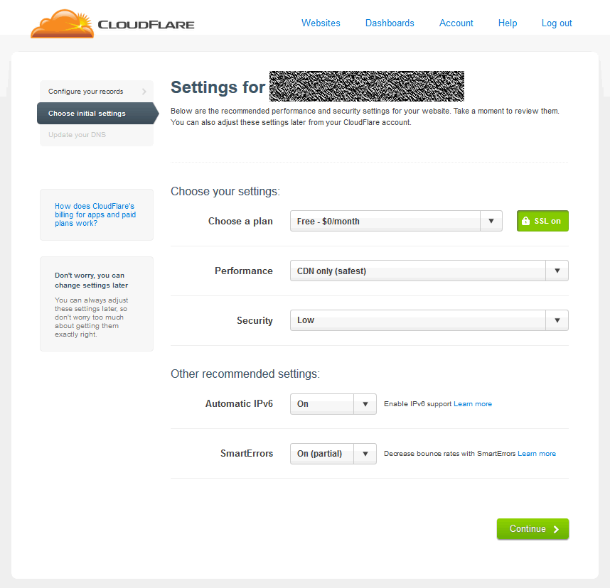 Screenshot to select settings in CloudFlare