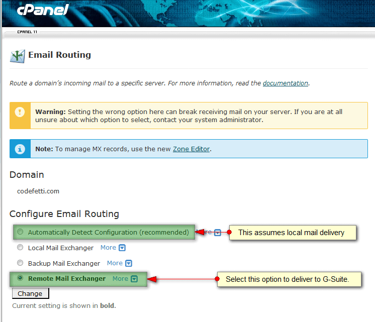 Picture of cPanel Email Routing Settings Screen