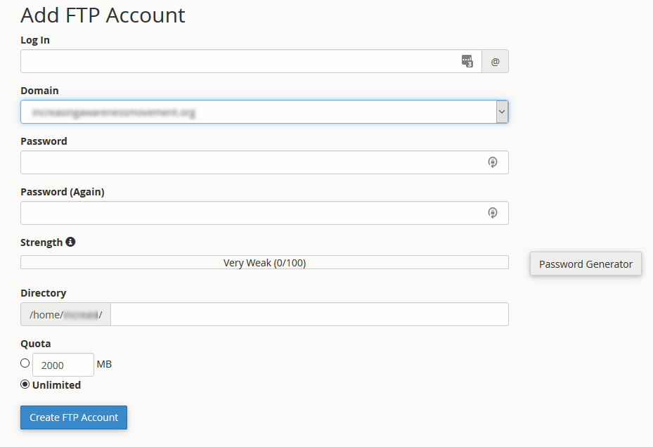 Add FTP Account Screen