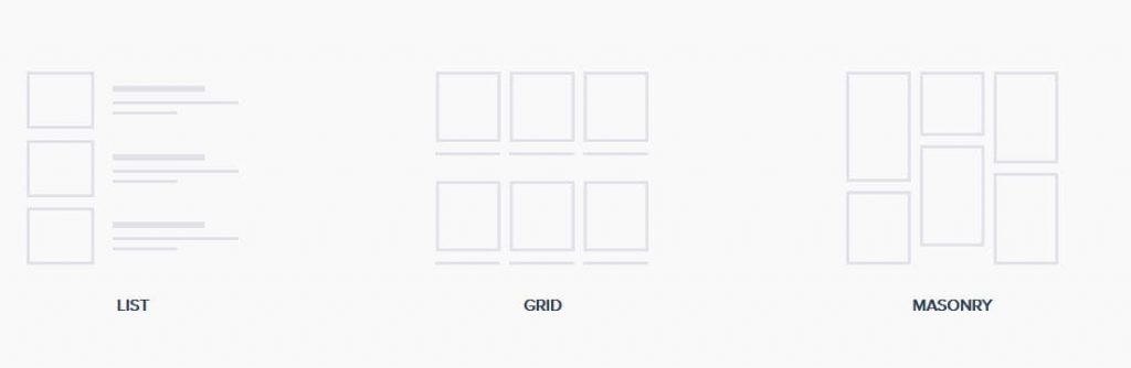 Sketches of 3 Blog Layouts: List, Grid, Masonry