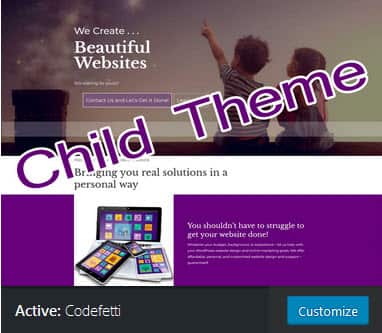 Astra Child Theme Screenshot: This is a screenshot of Codefetti's home page with the words "Child Theme" superimposed on it.