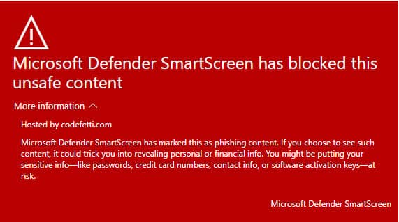 Warning message that Microsoft Defender SmartScreen has blocked unsafe content