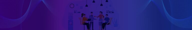 Blue and purple gradient background with a group of 4 people sitting at a conference table