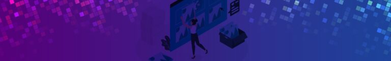 Blue and purple gradient background with illustration of a woman in front of giant monitor displaying pictures