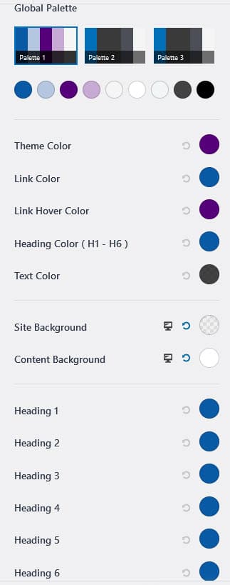 Screenshot of Global Palette in Astra Customizer