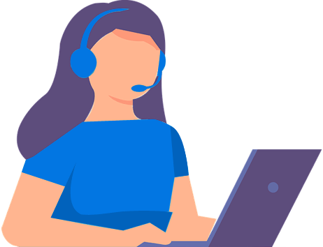 Cartoon of customer service rep with headset and laptop