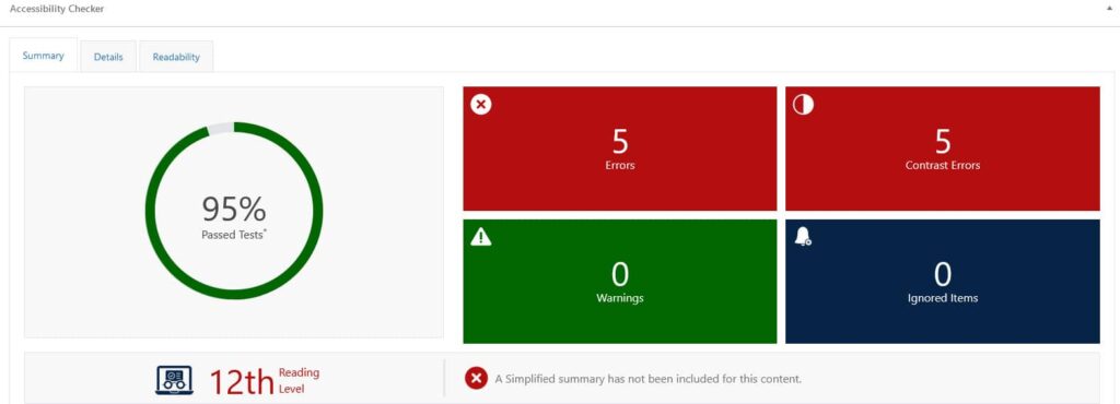 Screenshot of Accessibility Checker passed tests report summary