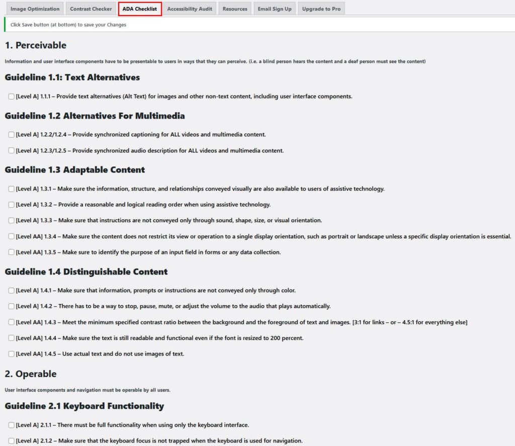 Screenshot of Accessibility Tools Plugin ADA Checklist