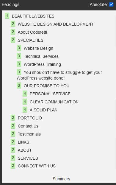 Screenshot of Accessibility Tools Plugin headings structure