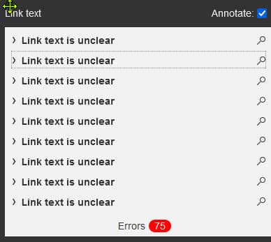 Screenshot of Accessibility Tools Plugin link text errors