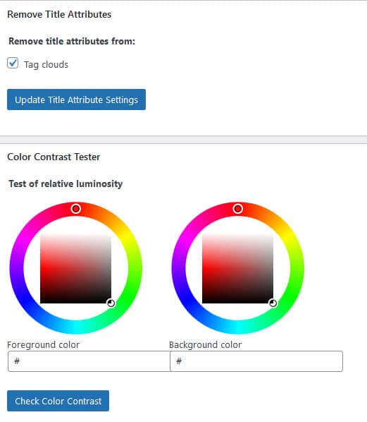 WP Accessibility plugin screenshot of title attribute and contrast check settings