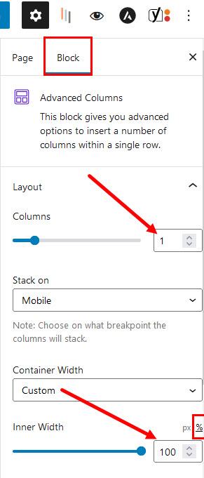 Advanced Columns setting of one column and 100% width