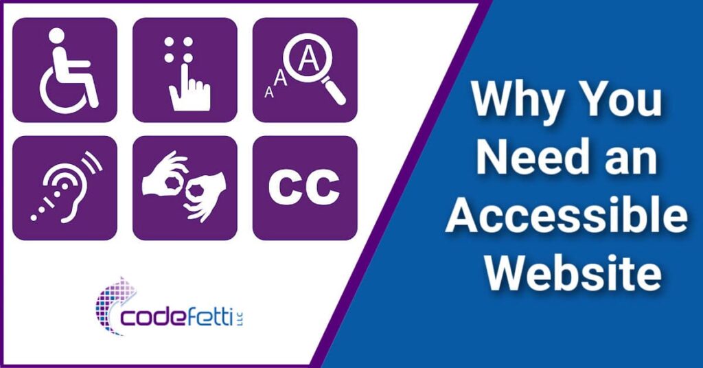 Six accessibility images in purple squares and post title “Why You Need an Accessible Website”