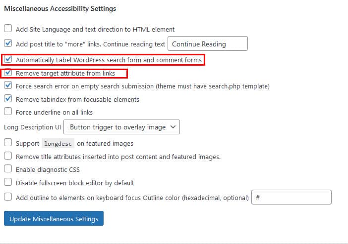 WP Accessibility plugin miscellaneous accessibility settings